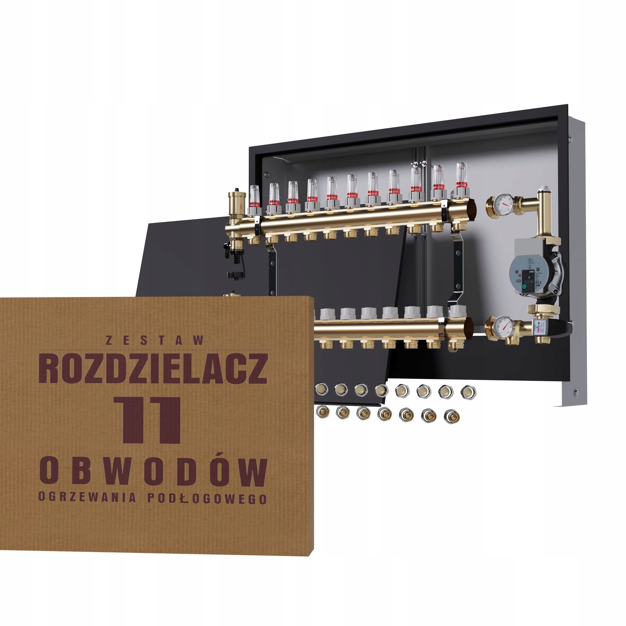 Rozdělovač pro podlahu 11 okruhů s čerpadlem Wilo podomítkový černý Pex