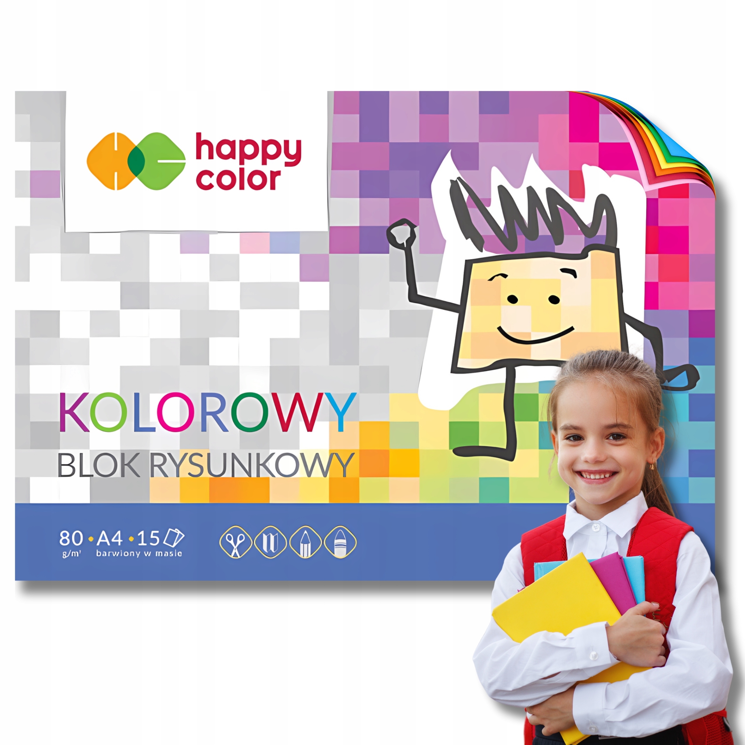 Blok Rysunkowy z Kolorowymi Kartkami Szkolny A3 80g 15 kartek Happy Color
