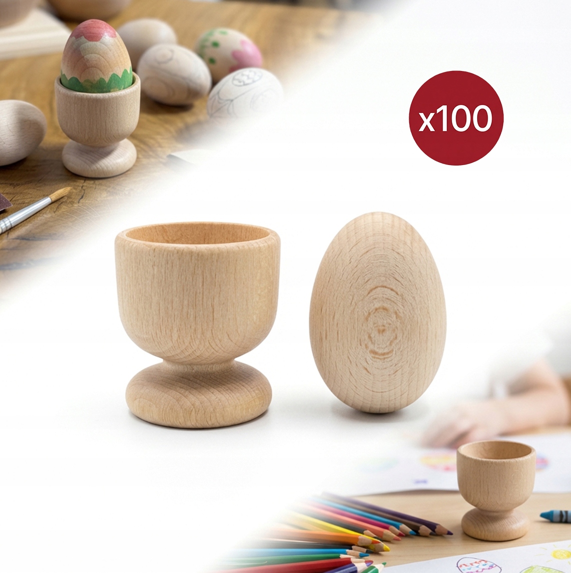 Sada 100 x Dřevěná Sklenička a Bukové Vajíčko pro rukodělné aktivity pro děti Diy