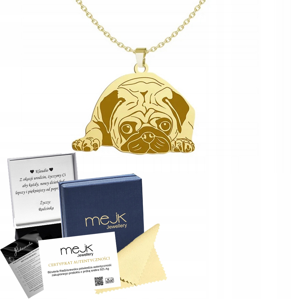 Zlatý náhrdelník s psem Mops Pug 925 Šperky Řetízek Dárek Gravírování