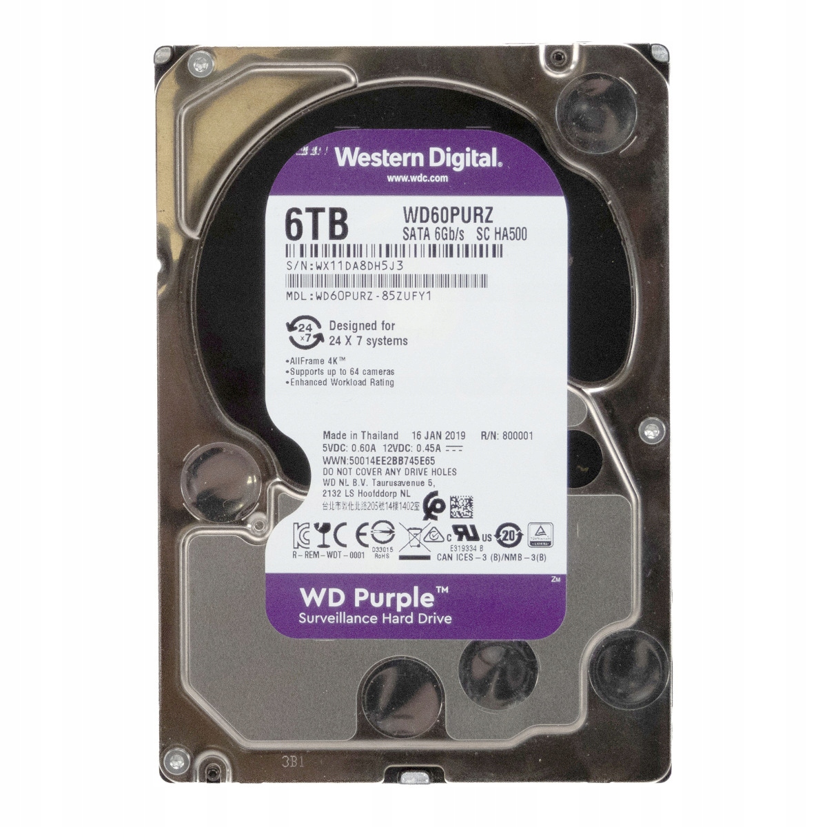 Wd Purple 6TB 5.4K 64MB Sata III 3.5" WD60PURZ Sc HA500