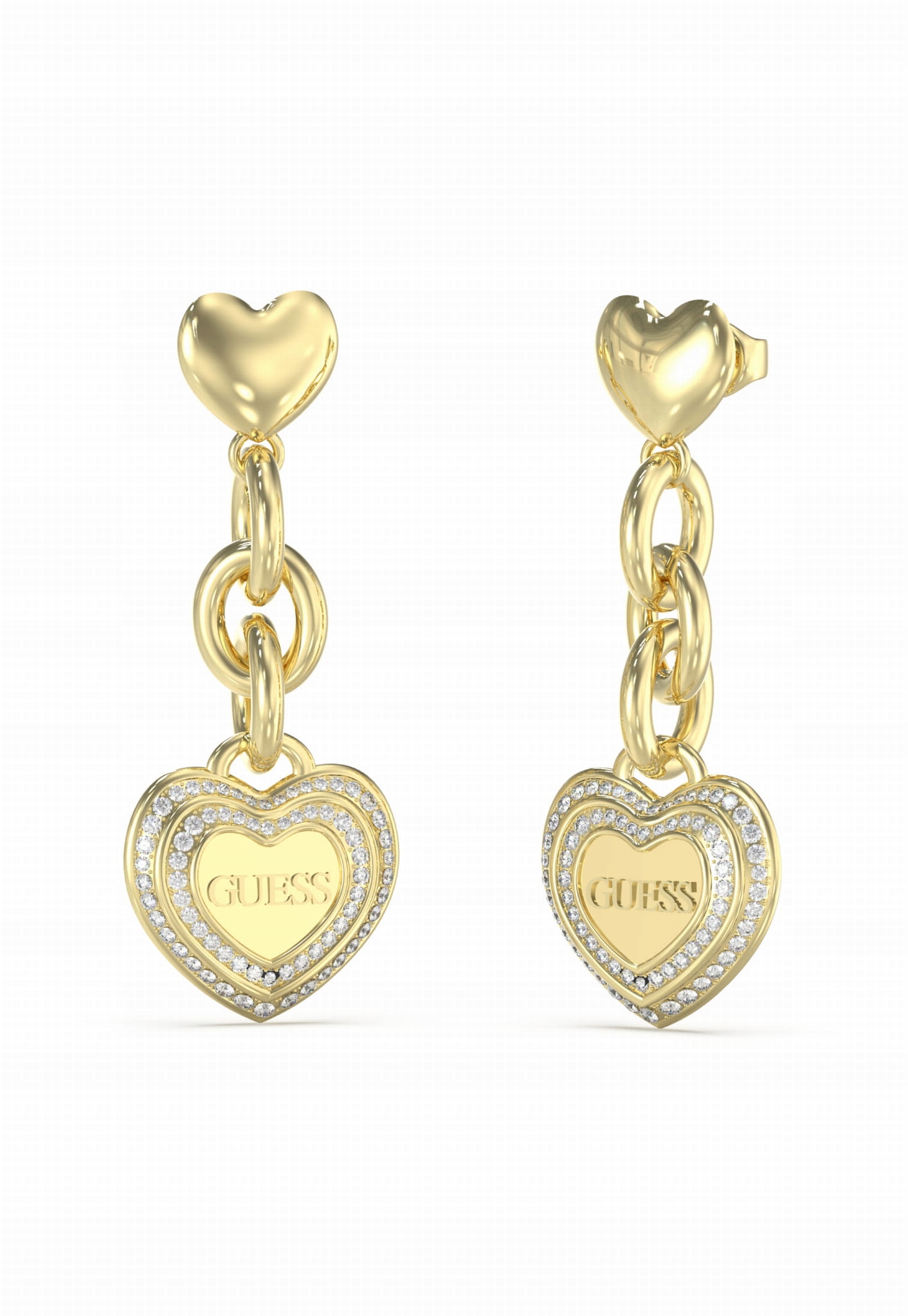 Náušnice Guess Amami Závěsné srdce zirkon ocel ušlechtilá zlatá tyčinka