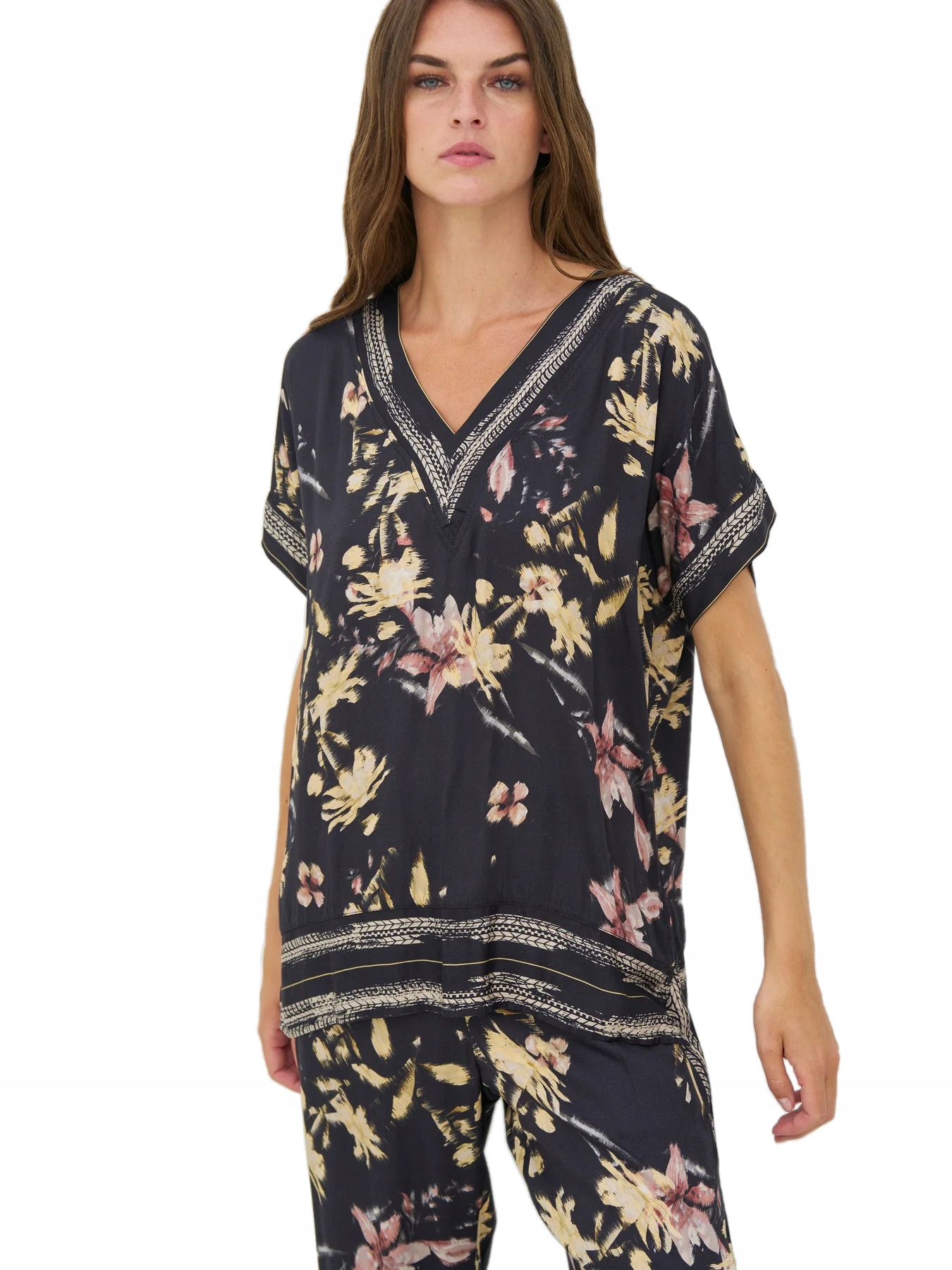 Dámská Halenka S Květinami Viskóza Ženská Volná Módní Černá Elegantní Nu L