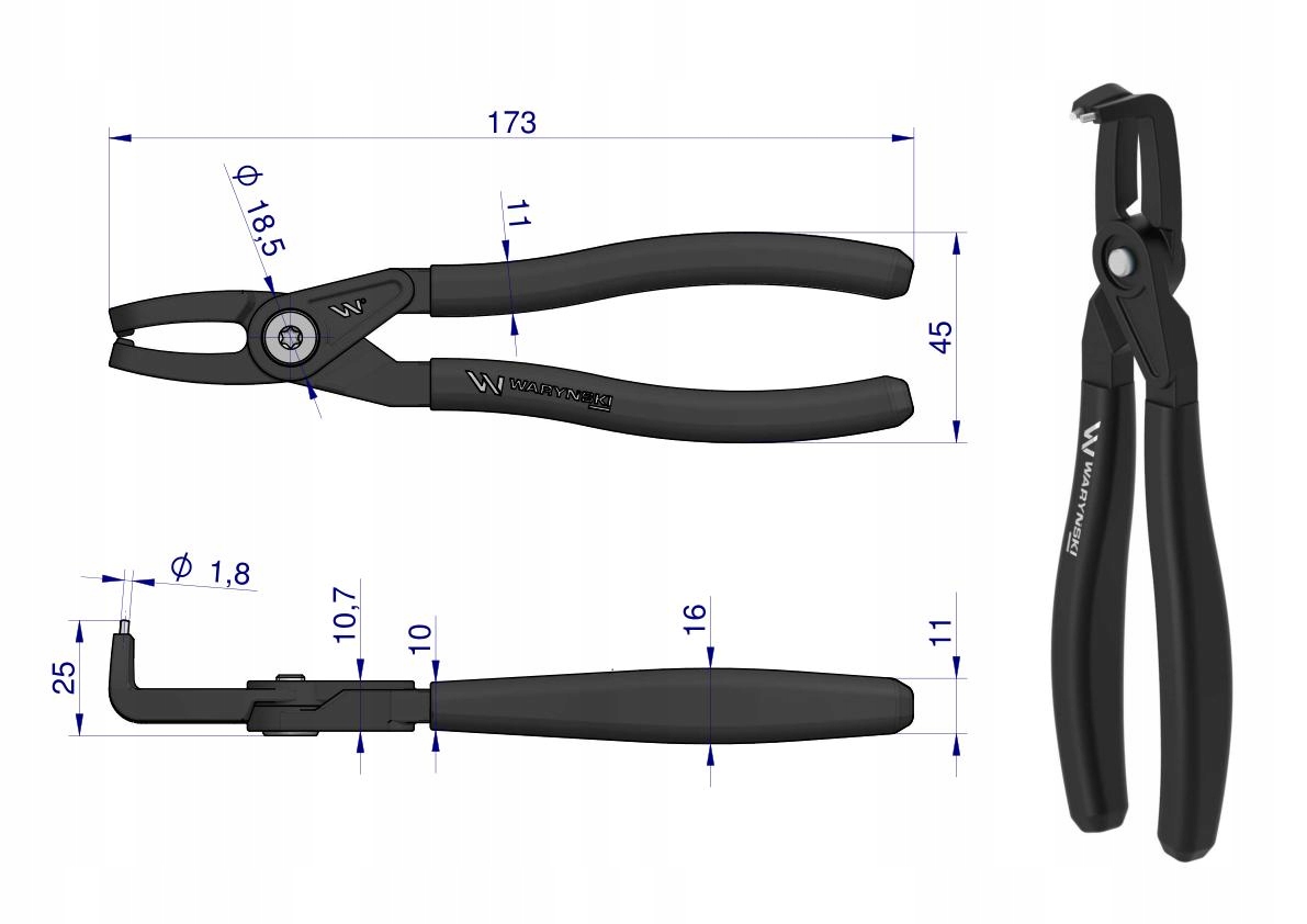 Specjalistyczne szczypce do pierścieni osadczych 178 mm wewnętrzne wygięte Marka Waryński
