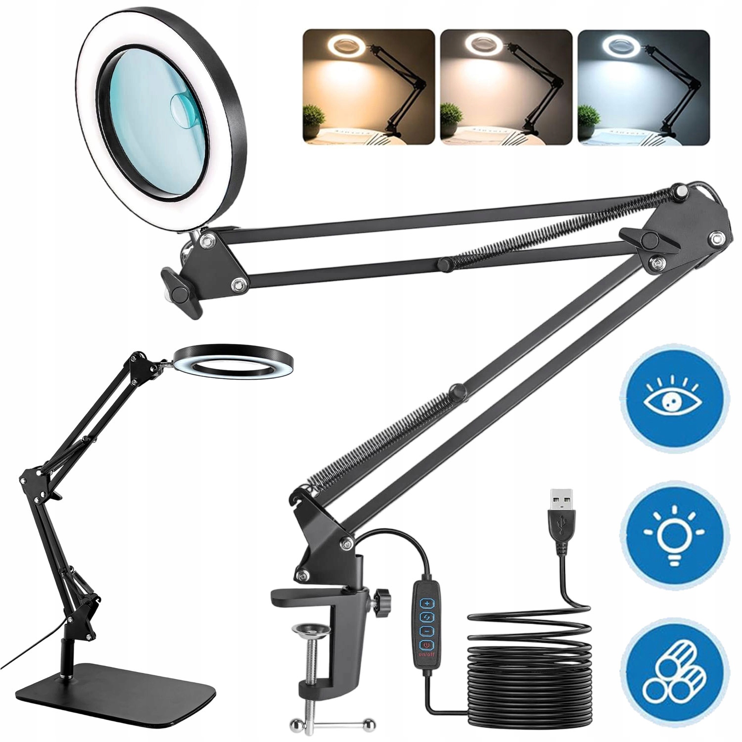 LAMPA Z LUPĄ KOSMETYCZNA SZKŁO POWIĘKSZAJĄCE LAMPKA BIURKOWA KREŚLARSKA 8X