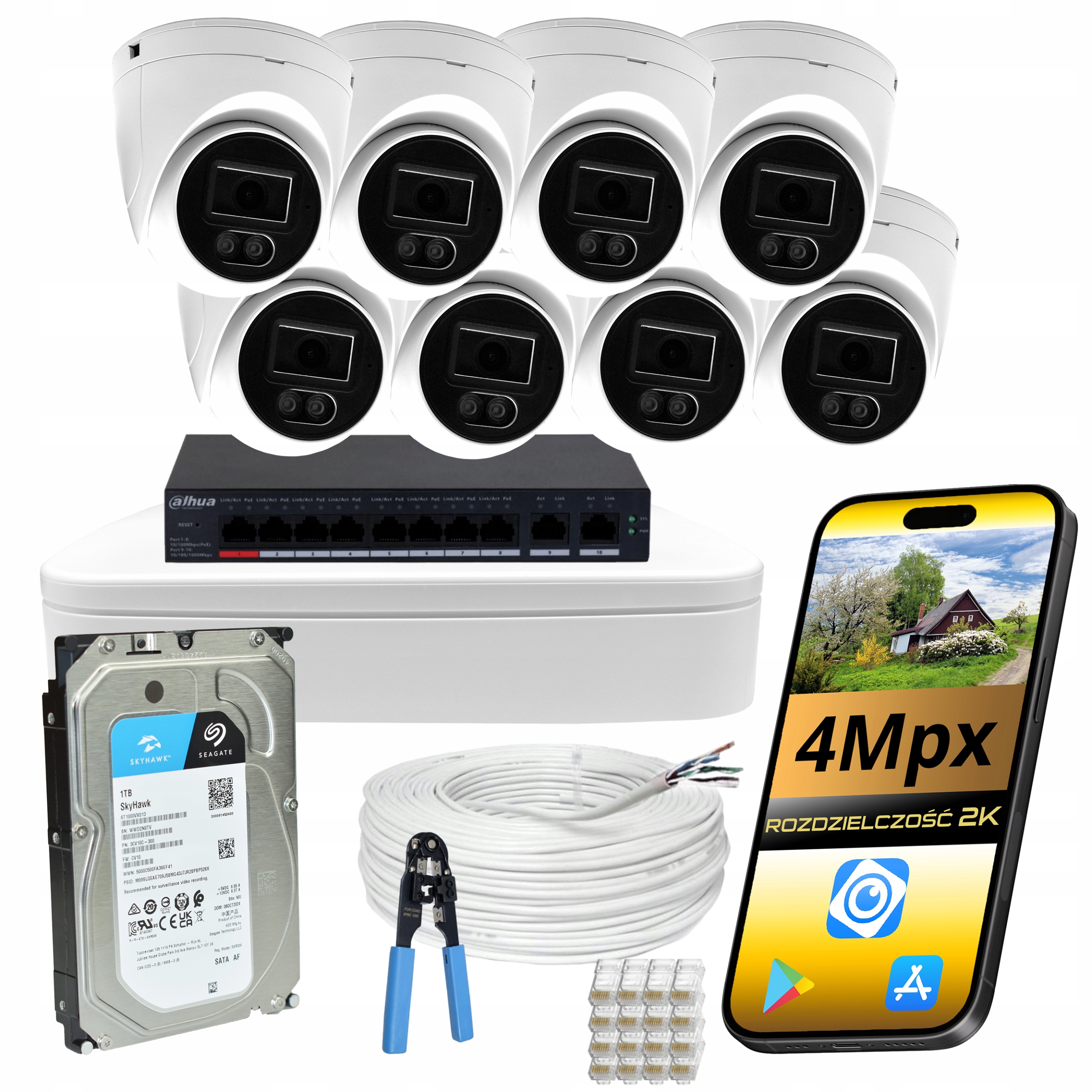Sada Monitorování Domu Ip PoE Rekordér Dahua 8x Kamera 4MPX Ir Led Disk