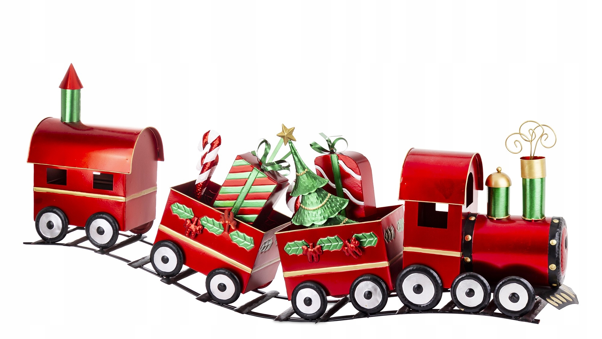 Vianočná Dekorácia Dlhý Vláčik Lokomotíva Vagóny Červený Kovový