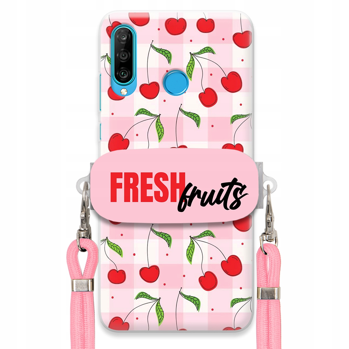 Puzdro pre Huawei P30 Lite Case držiak šnúrok Ružový Fresh Fruits Mriežka