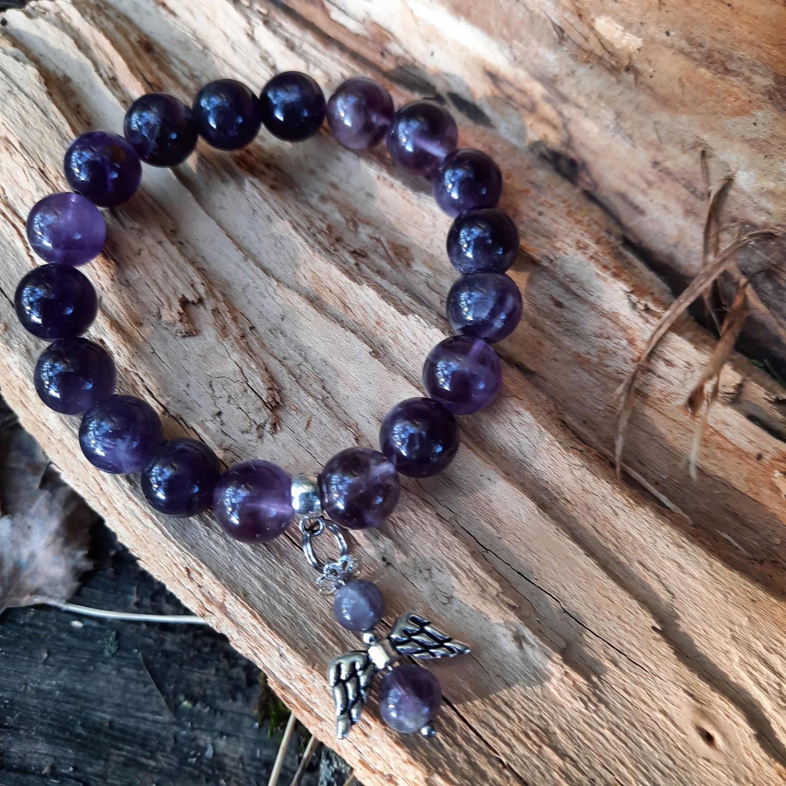 Ametyst bransoletka 10 mm ANIOŁEK zawieszka kamień Marka Inna marka