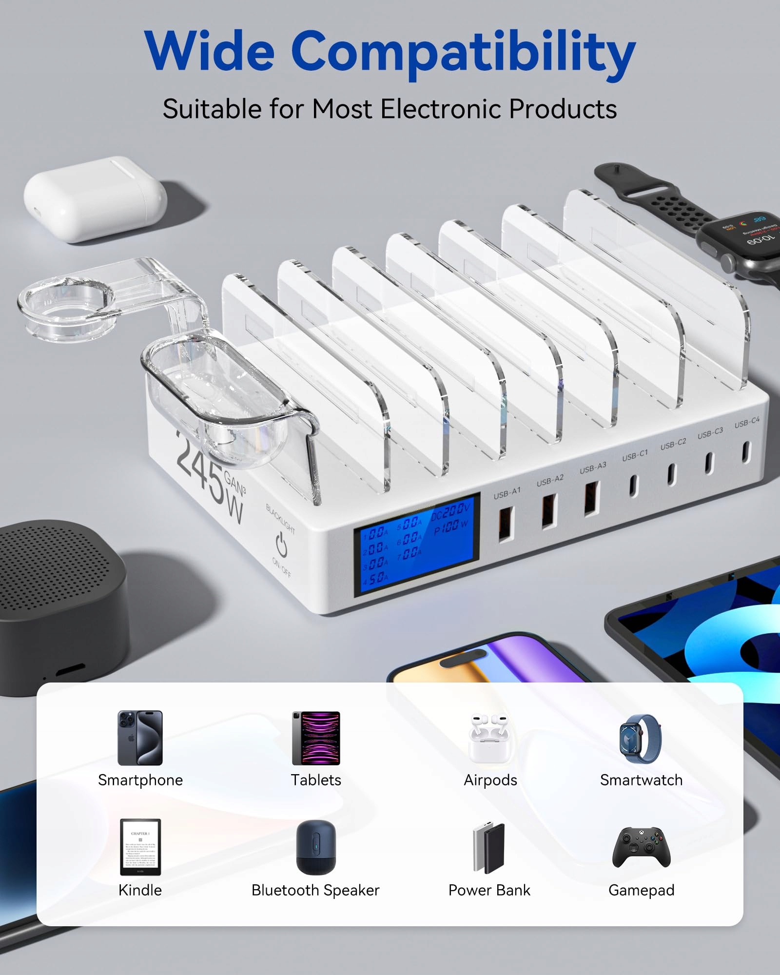 RSYDMNY Stacja Ładowania 245W 7-Port LCD USB C Szybkie Ładowanie Urządzeń — miniatura 4