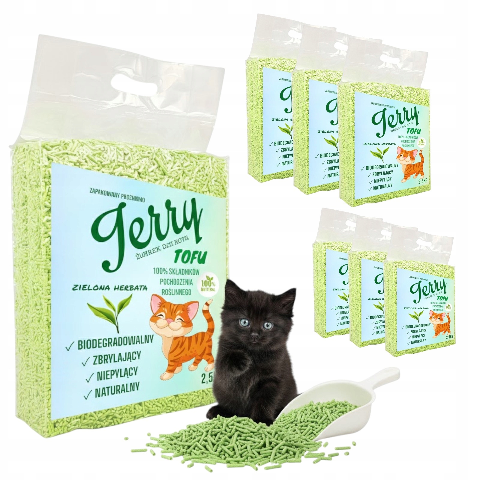 Jerry Tofu Ekologiczny Zbrylający Żwirek Zielona Herbata Pakiet 6x2,5kg