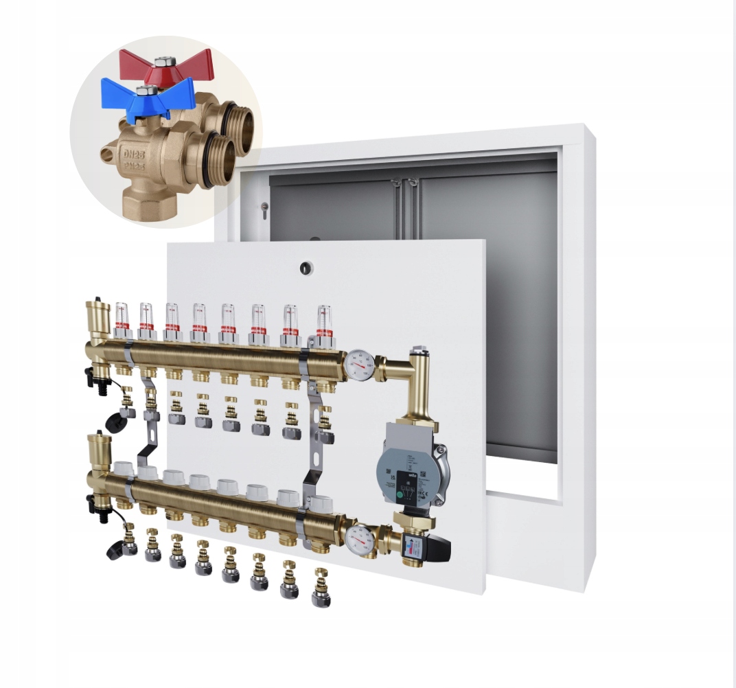 Rozdělovač podlahového vytápění 8 nástěnná skříňka+PEX+ÚHLOVÝ Kulový Ventil