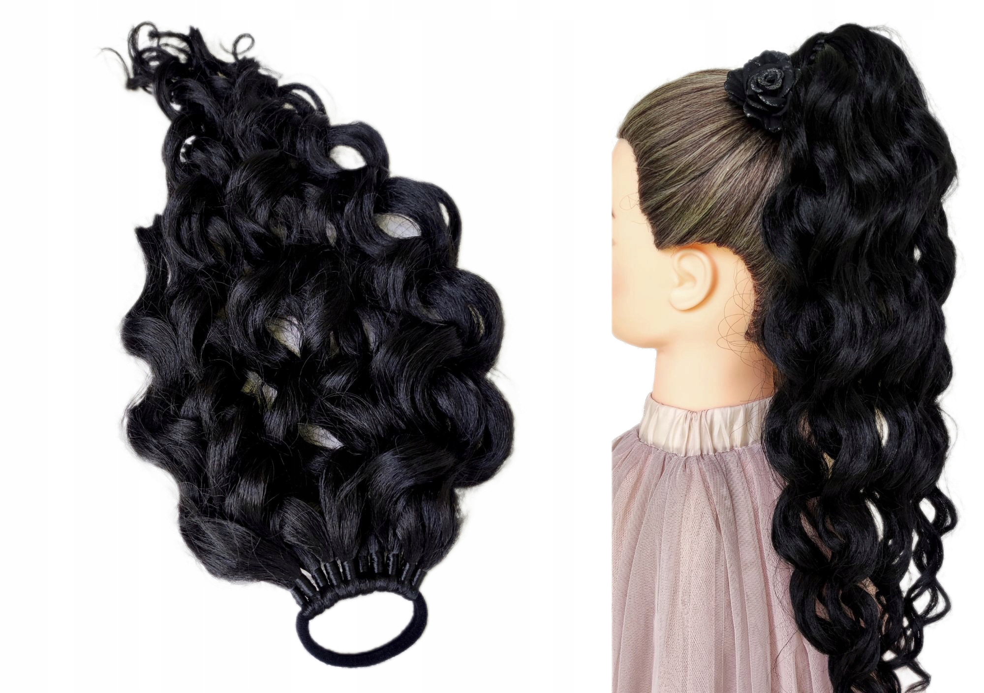 Koník připínací na gumičku, Příčesek, kudrnaté vlasy, černý, Temná Dáma, 50 cm