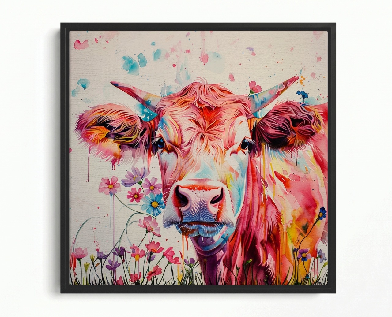 Obraz Rám Americký Box Portrét Kráva Růžová Barvy Květiny Boho 60x60