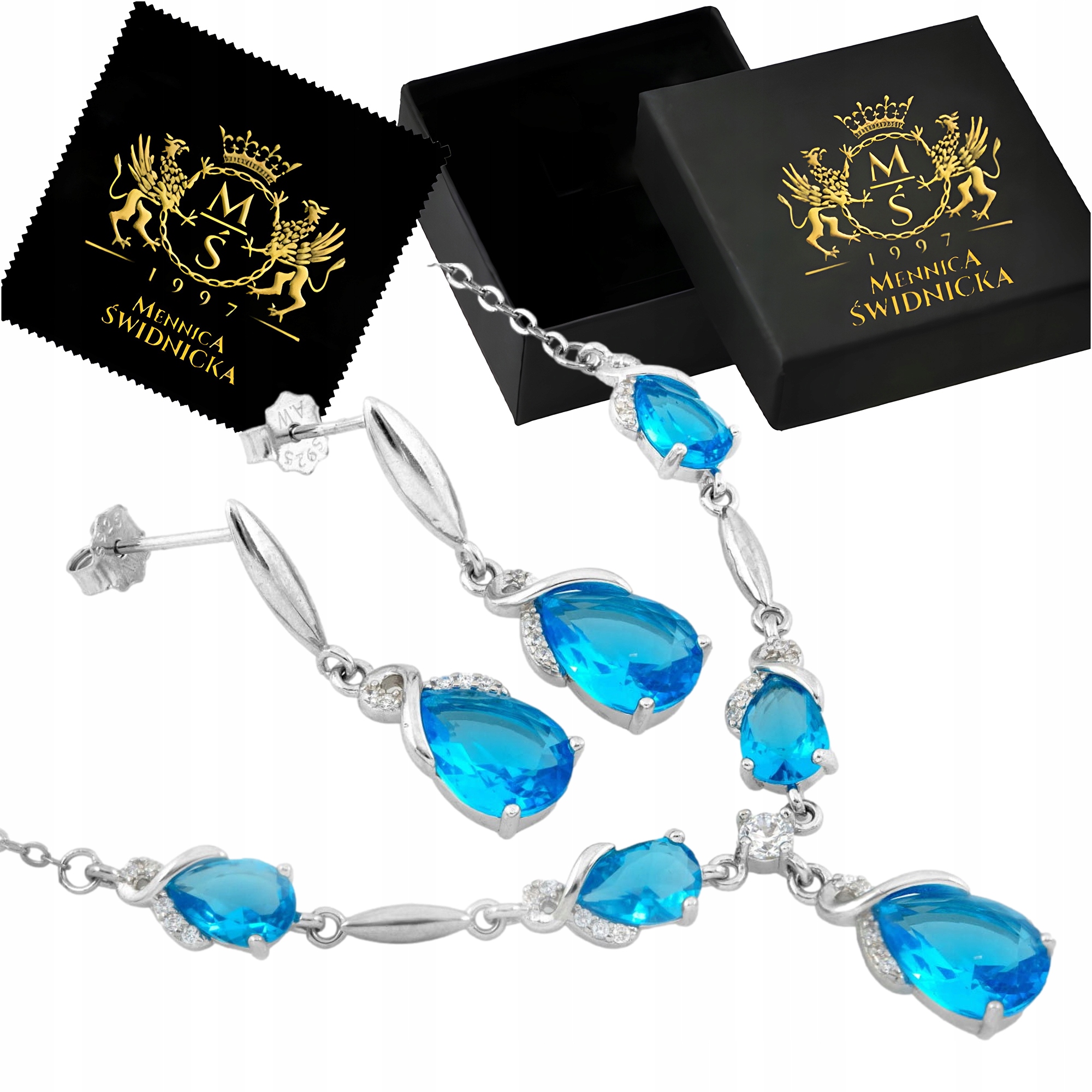 Stříbrný náhrdelník a Náušnice s modrými kubickými zirkony, Stříbro 925