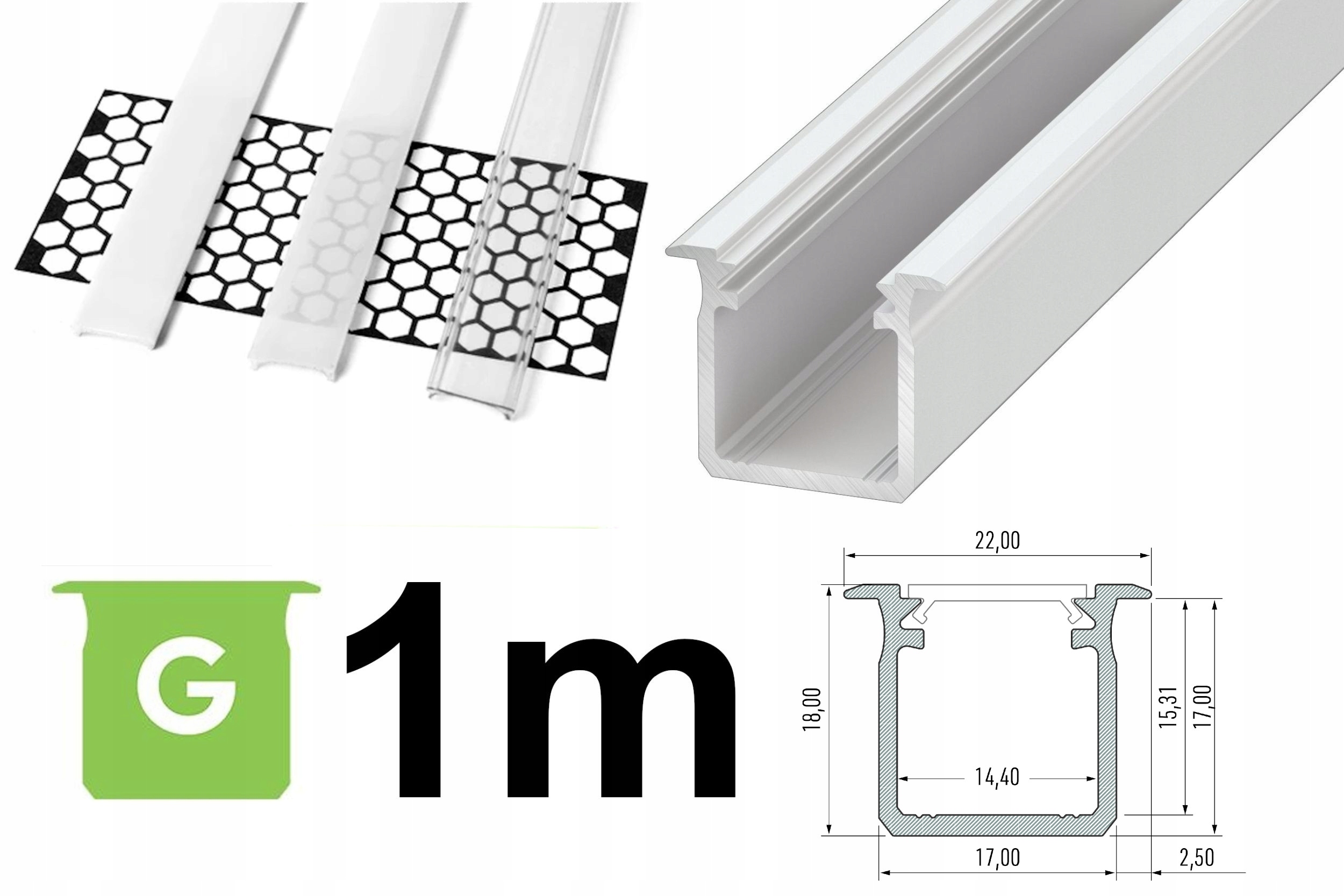 PROFIL DO TAŚMY LED wpuszczany G +KLOSZ 1m BIAŁY