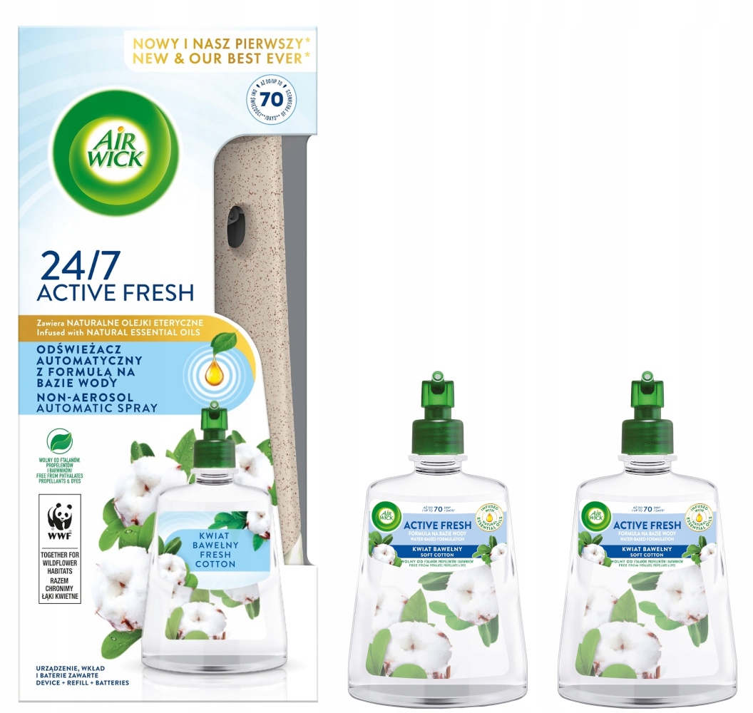 Air Wick Active Fresh Odświeżacz Dyfuzor + 3x Wkład Kwiat Bawełny