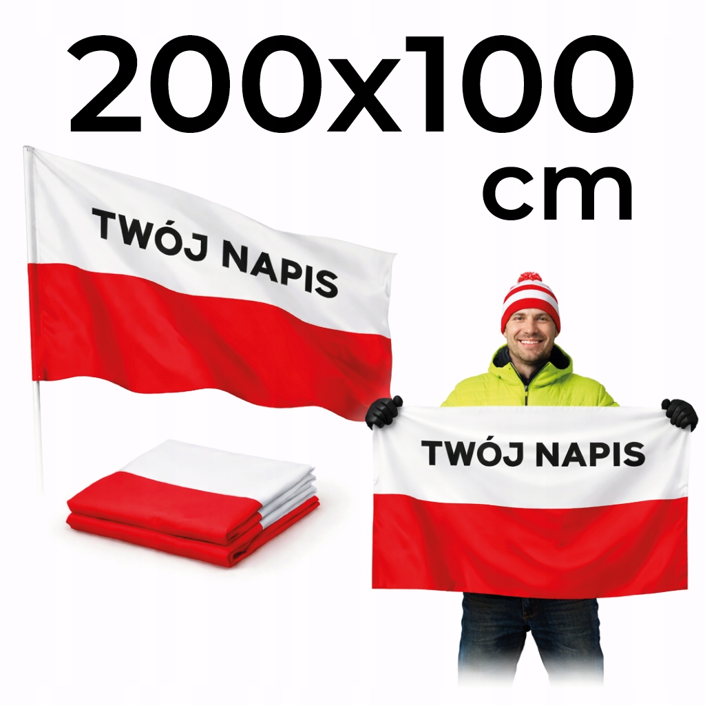 Flaga Polski z dowolnym napisem 200x100 cm flaga dla kibica nadruk