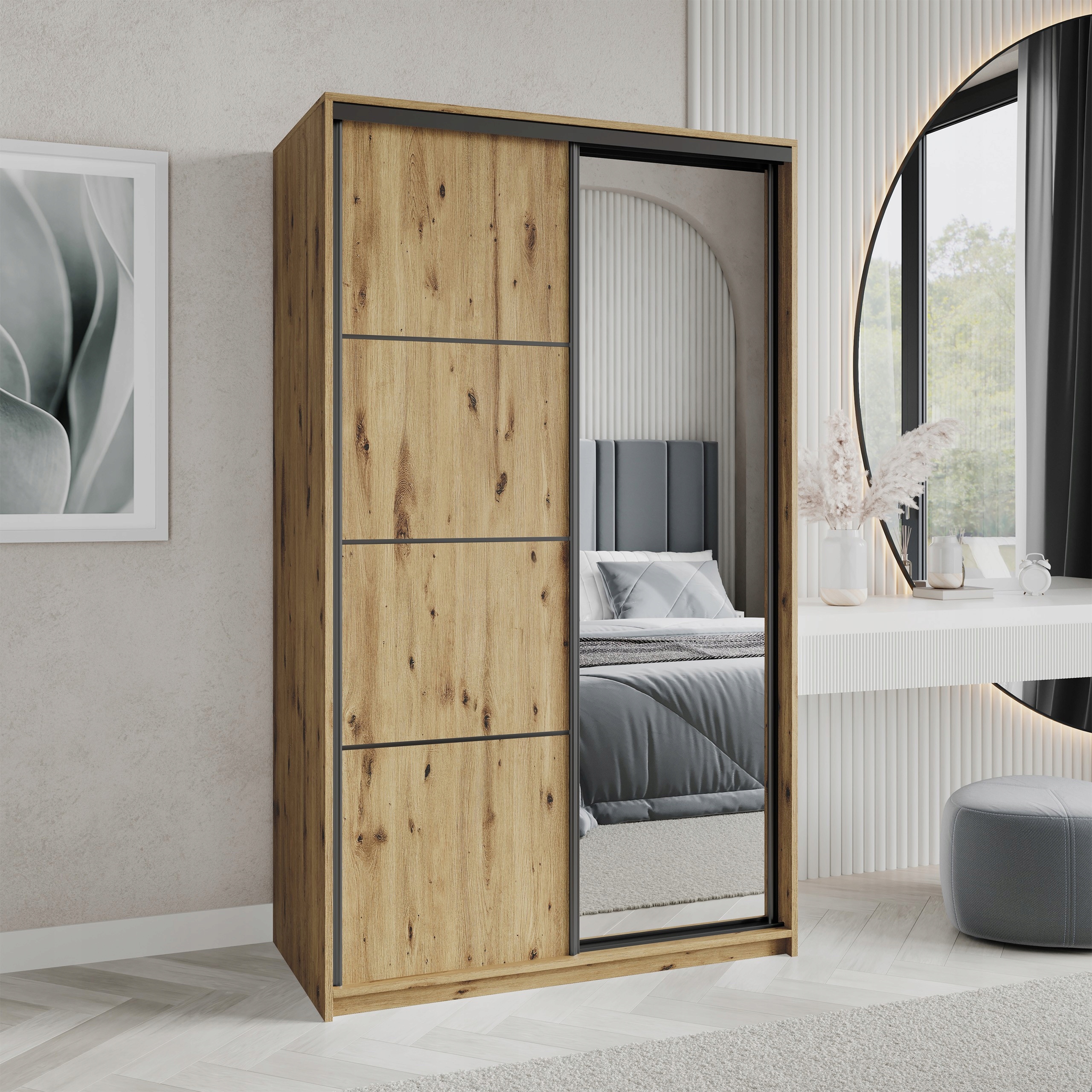 Skříň Posuvná dvoudveřová Varo 120 cm se zrcadlem Zásuvky Artisan Černá