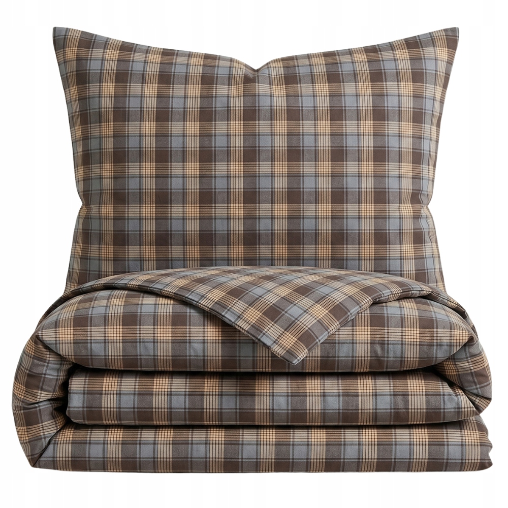 Pościel 200x220 bawełniana 100% naturalna komplet premium brązowa w kratę