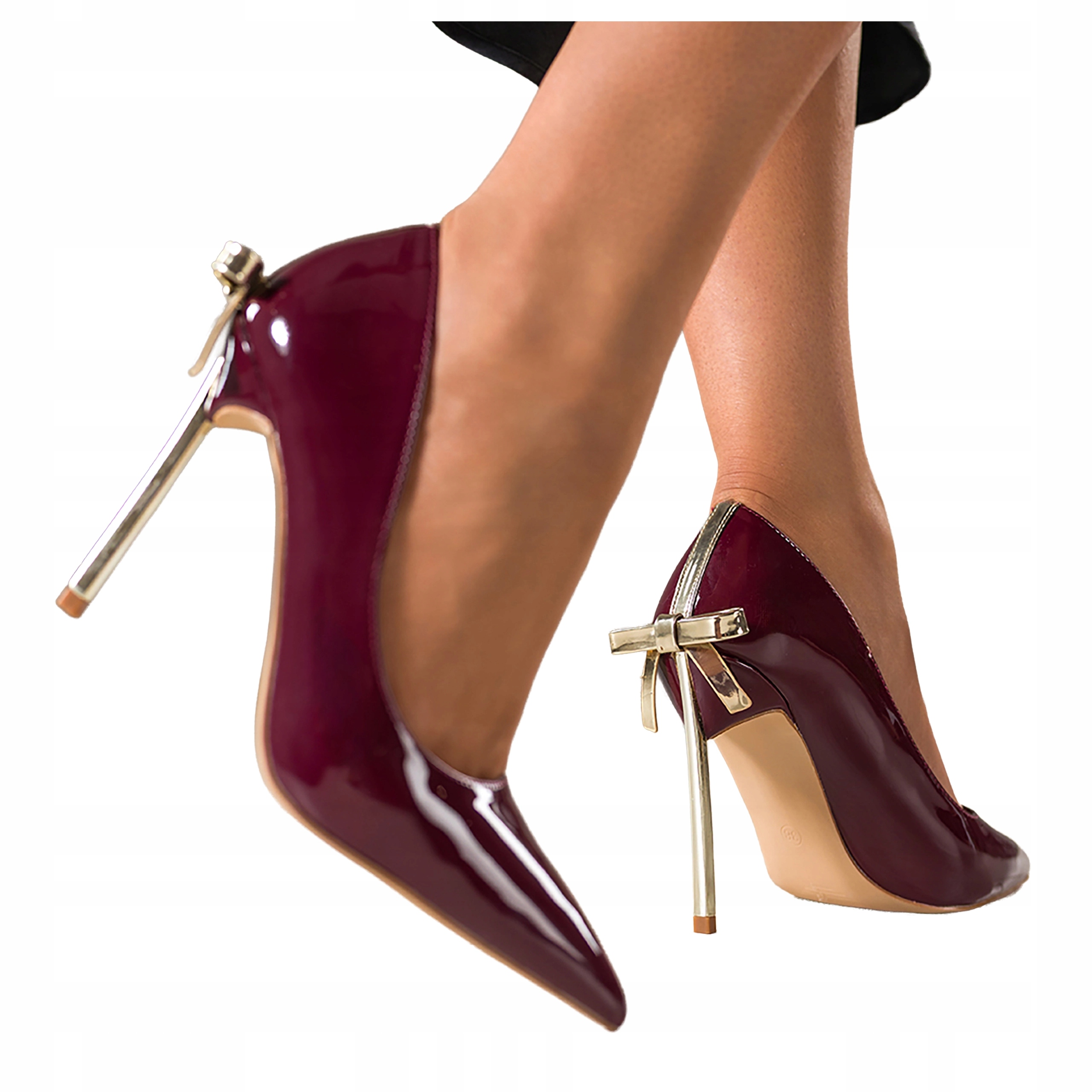 Čelovka Bordové Dámské Špilky Zlatý Podpatek S Mašličkou Lakované r 37