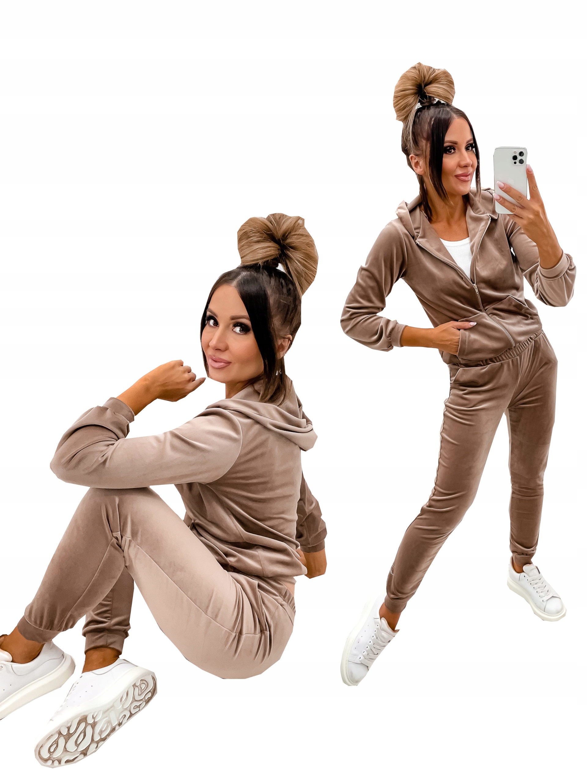 Dres Komplet Welurowy Damski Bluza Rozpinana Zamek Spodnie Cappuccino M