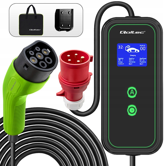 Mobilní nabíječka Ev Qoltec 7 kW 230 V Typ 2 kabel 5 m LCD Wallbox Cee 5 Pin