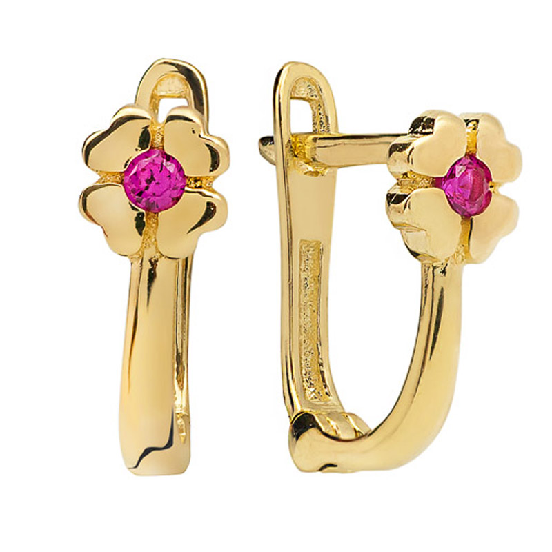 Zlaté náušnice Květiny s červenými zirkony 585