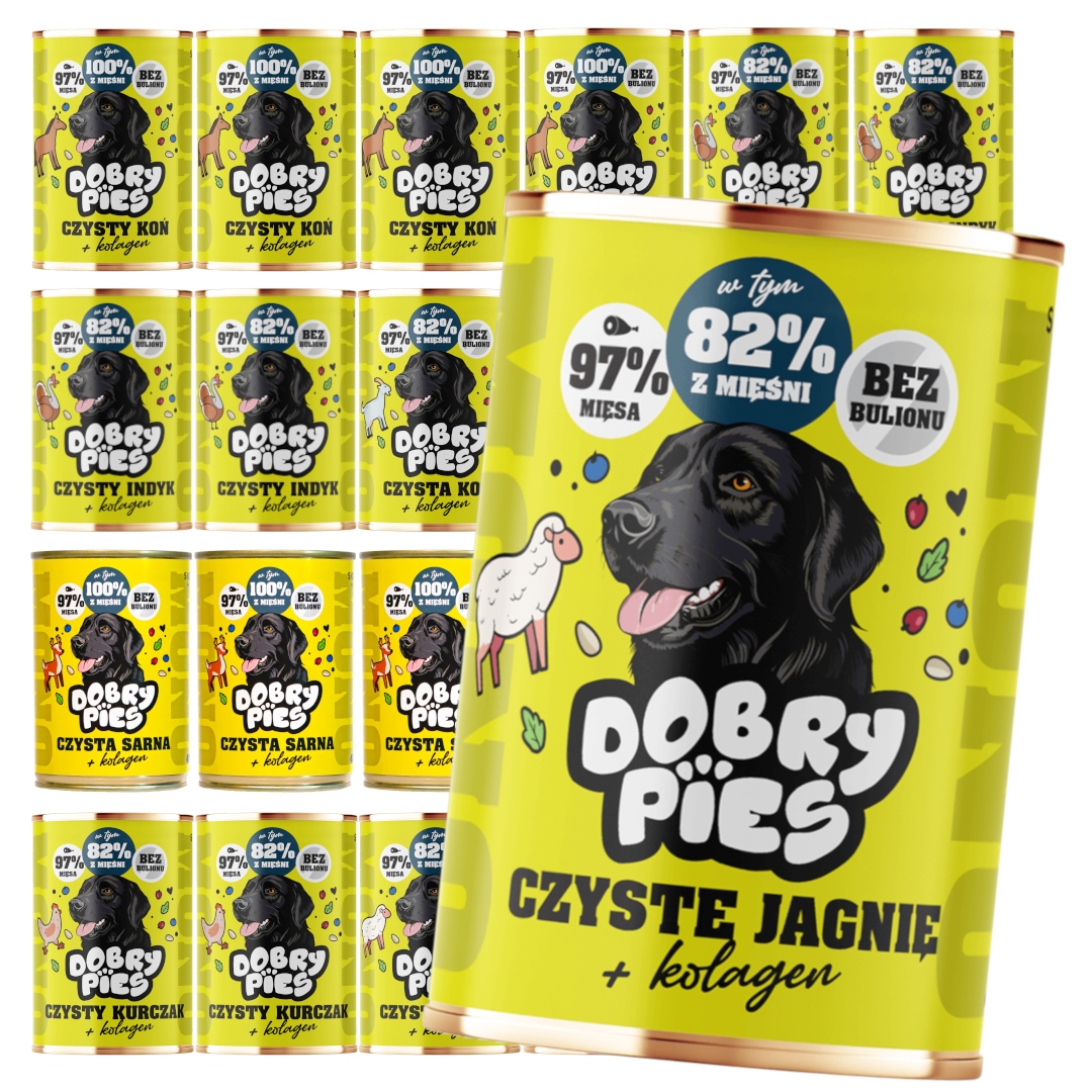 Levně Dobry Pies Mono 24x400 g Vlhké Krmivo pro psa Mix 6 příchutí s kolagenem