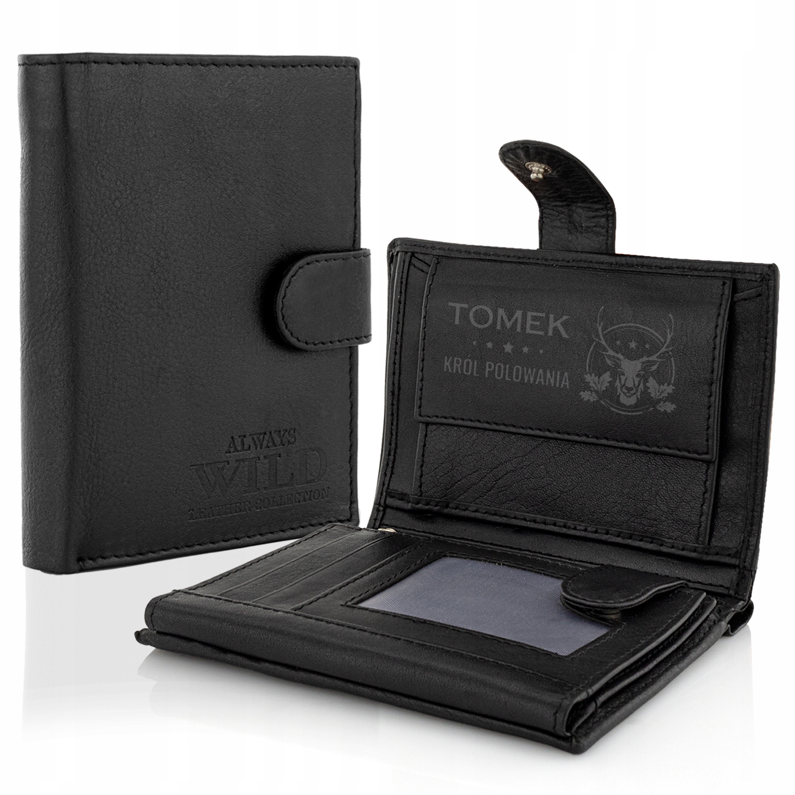 

Czarny skórzany portfel Grawer Rfid Stop