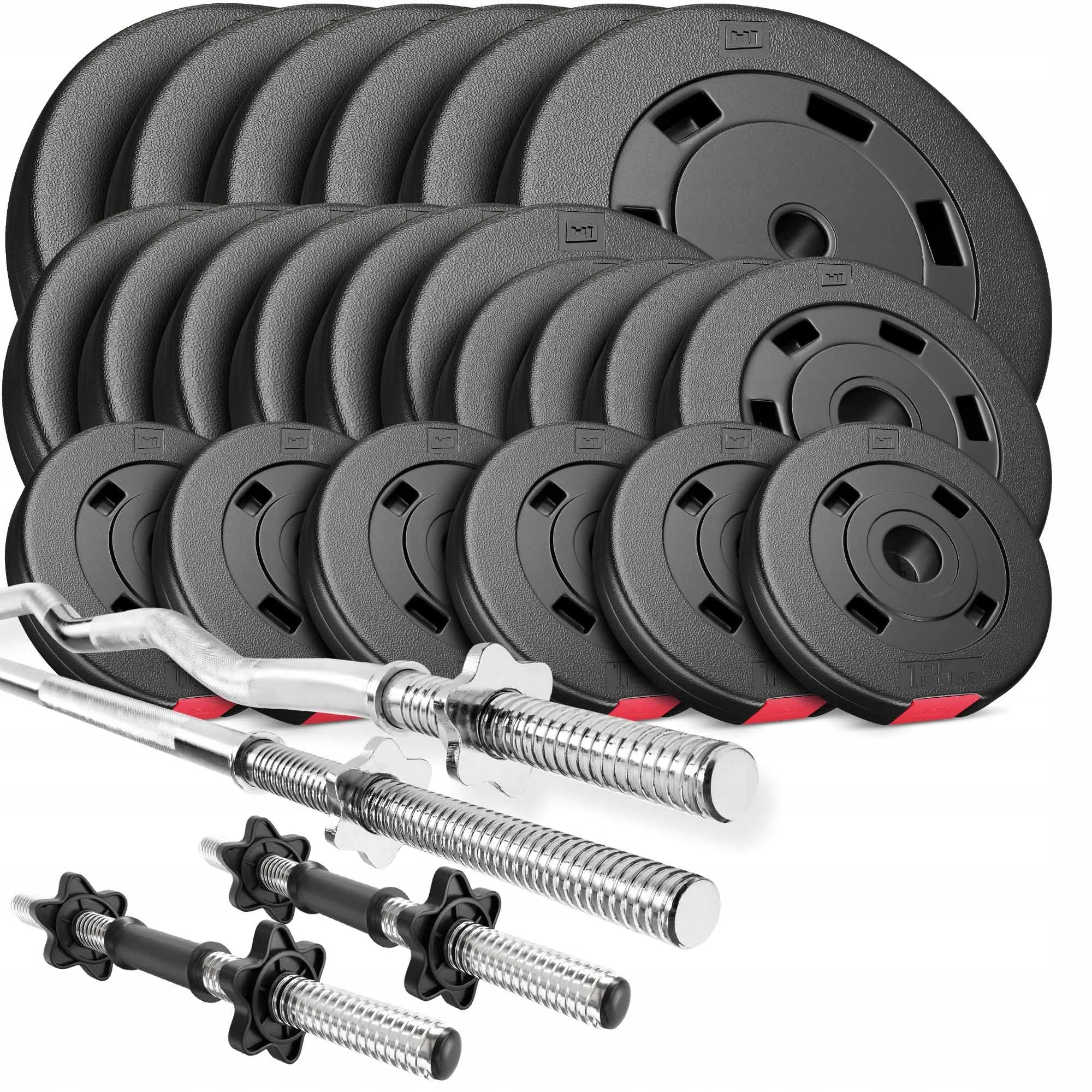 Nakládací činkový set Premium 125kg rovná tyč 167cm ohýbaná tyč 120cm
