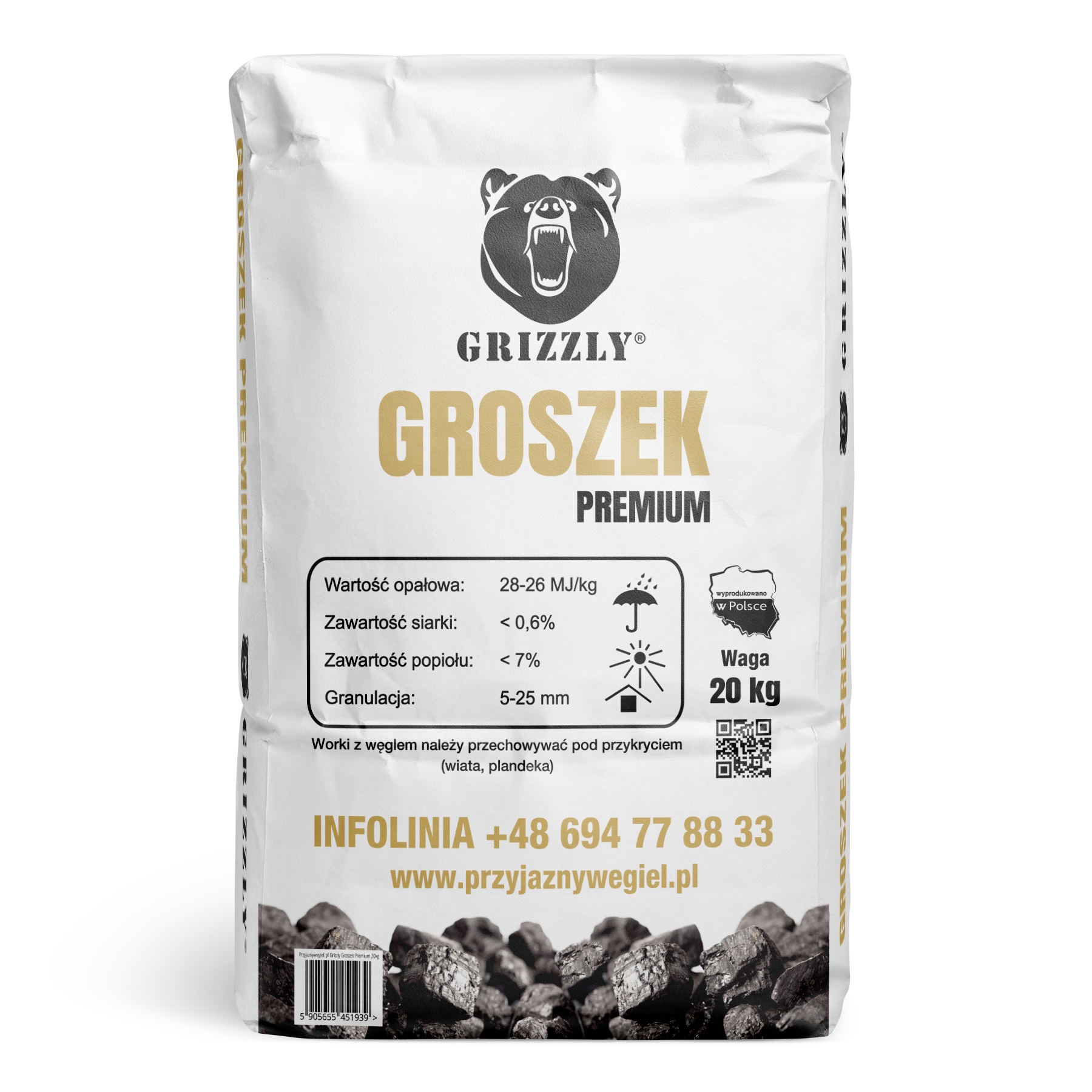 Węgiel Ekogroszek GRIZZLY 28MJ (Groszek Premium) – worek 20 kg