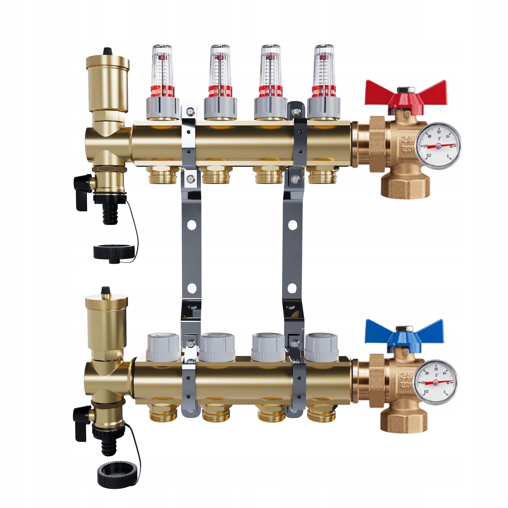Rozdělovač mosazný Podlahovky 4 okruhů Kulové ventily Teploměr