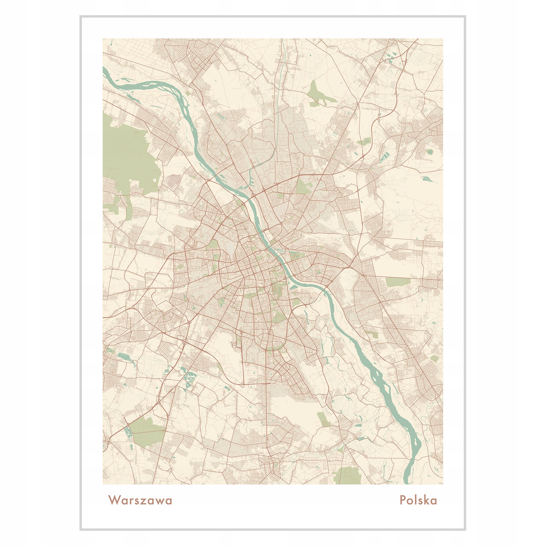 Plakat 30x40 Mapa Warszawa Kolor beżowy