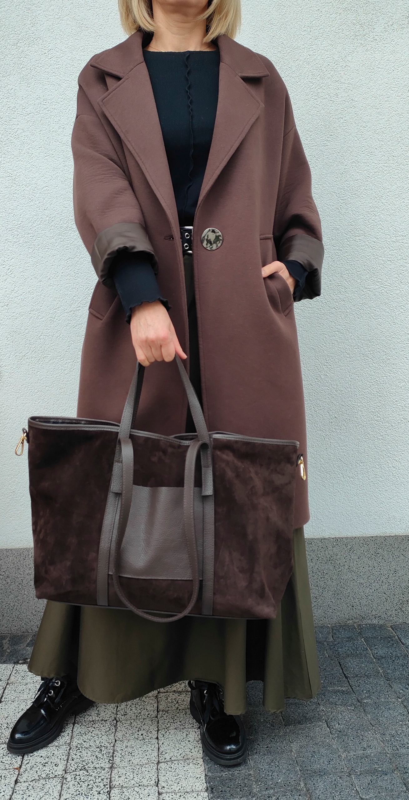 Čokoládově hnědá Maxi shopper kabelka z semišové kůže