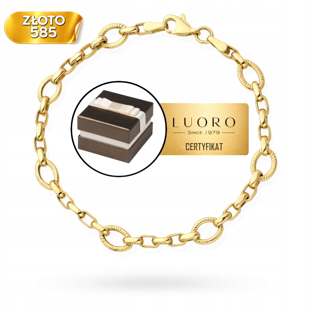 Zlatý Náramek 585 14K Kroužky Oválné 19 CM Elegantní Dárek