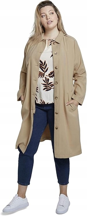 Tom Tailor Kabát Ke Kolenům Plus Size Béžový Klasický S Páskem 48 7AA