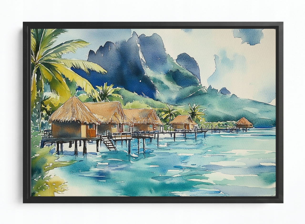 Obraz Rám Americký Box Krajina Ostrov Tropika Pláž Chatky Oceán Hory 60x40