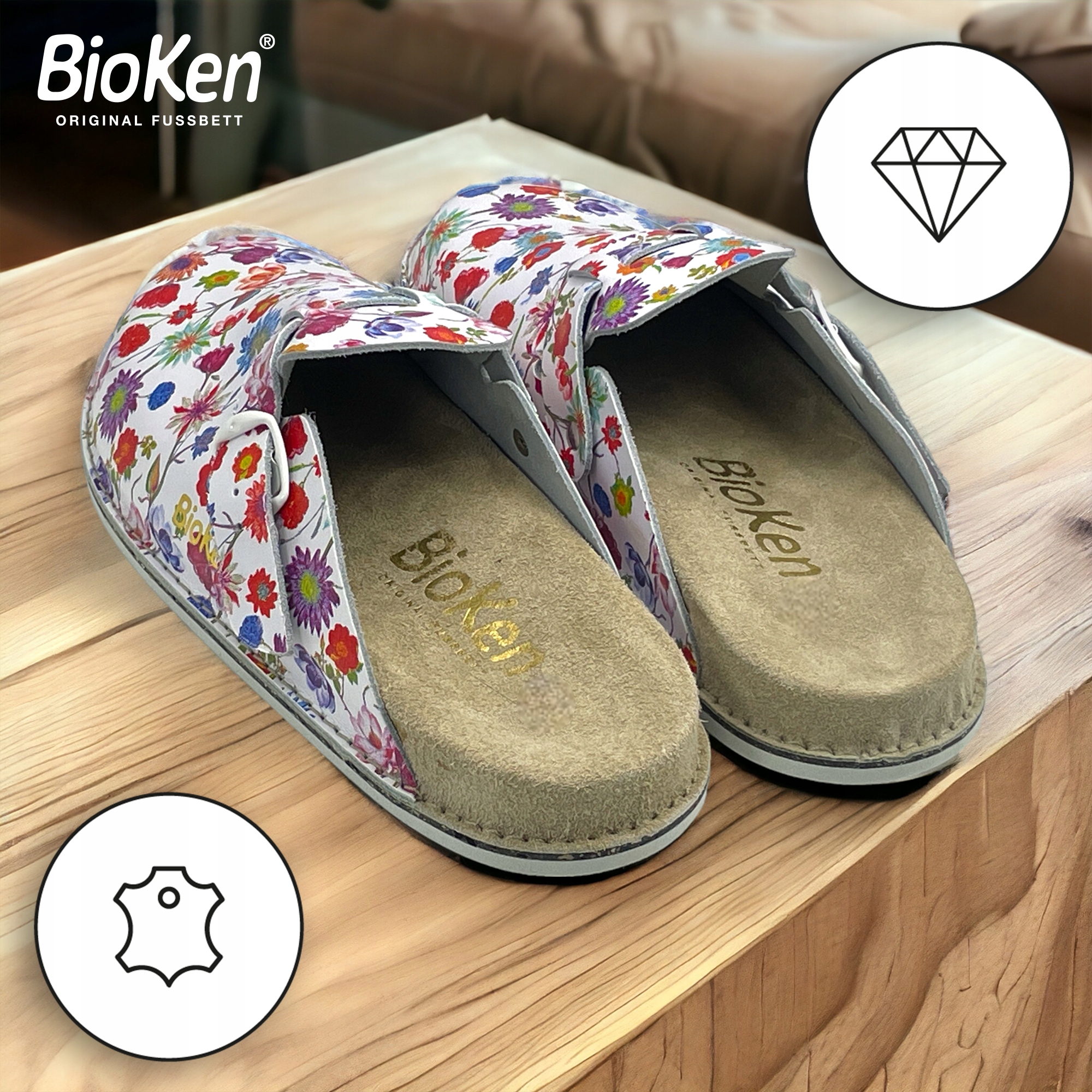 Klapki skórzane Fusbet damskie bioken skóra kwiaty Marka inna
