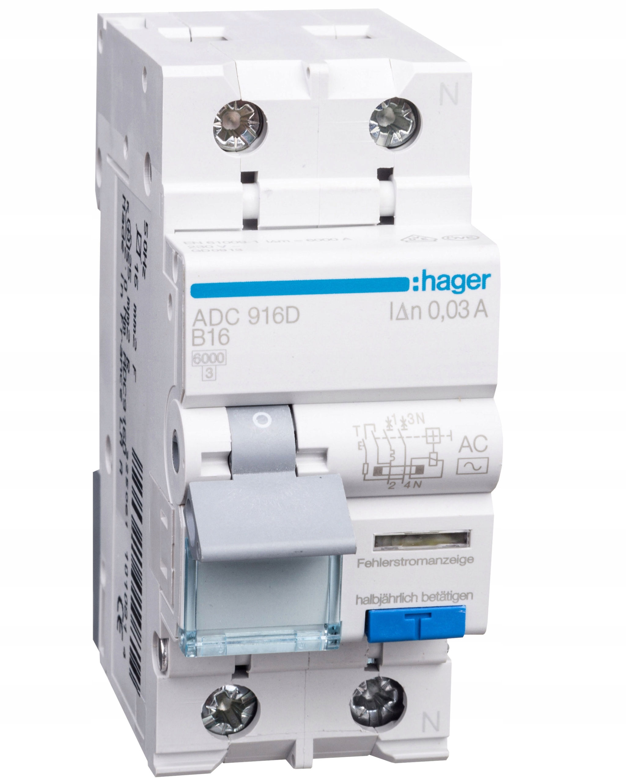 Proudový chránič 1P+N 6kA B 16A/30mA Typ Ac ADC916D