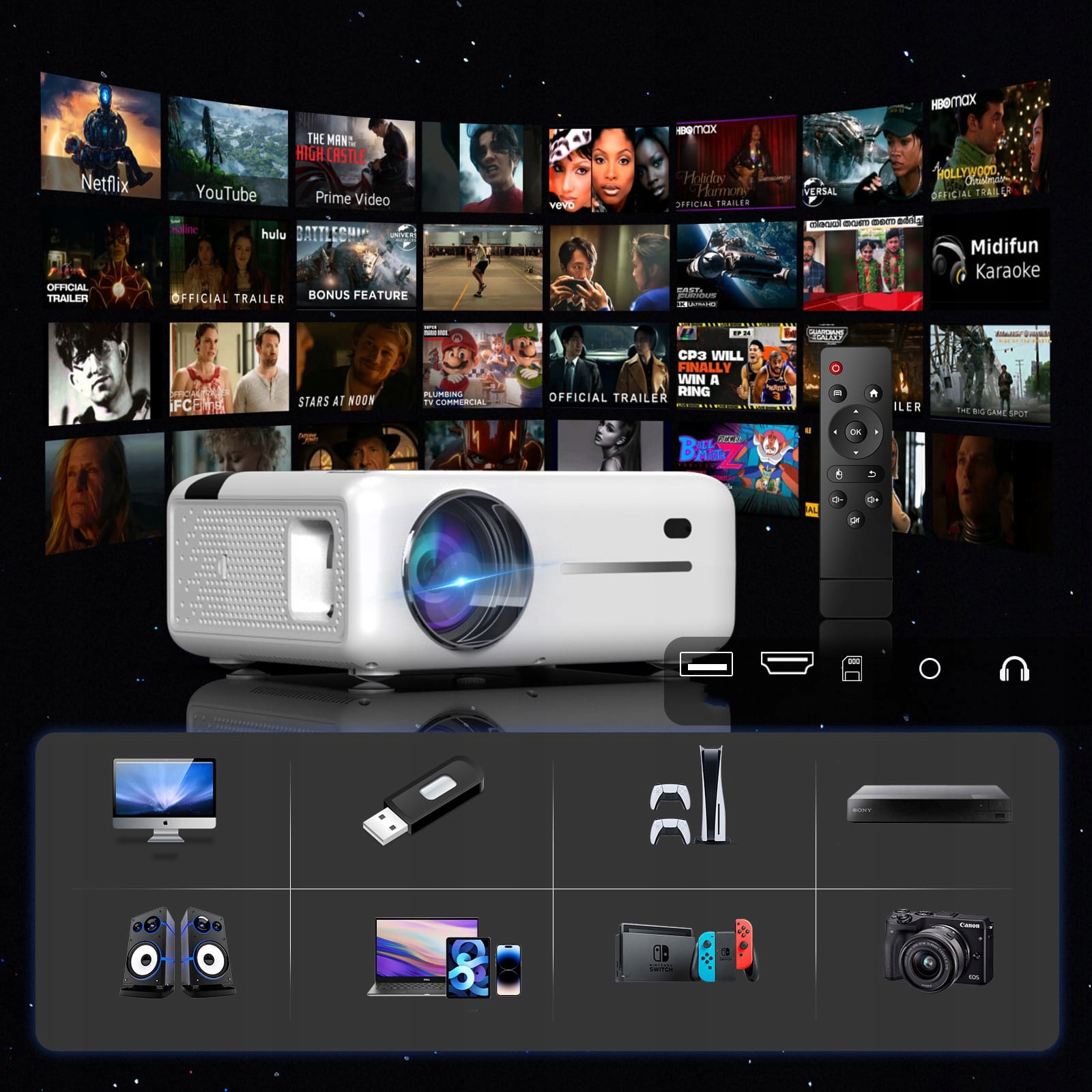 PROJEKTOR RZUTNIK 4K FULL HD SMART TV WIFI ANDROID 9.0 BLUETOOTH 9000lm Kontrast (x:1) 2000