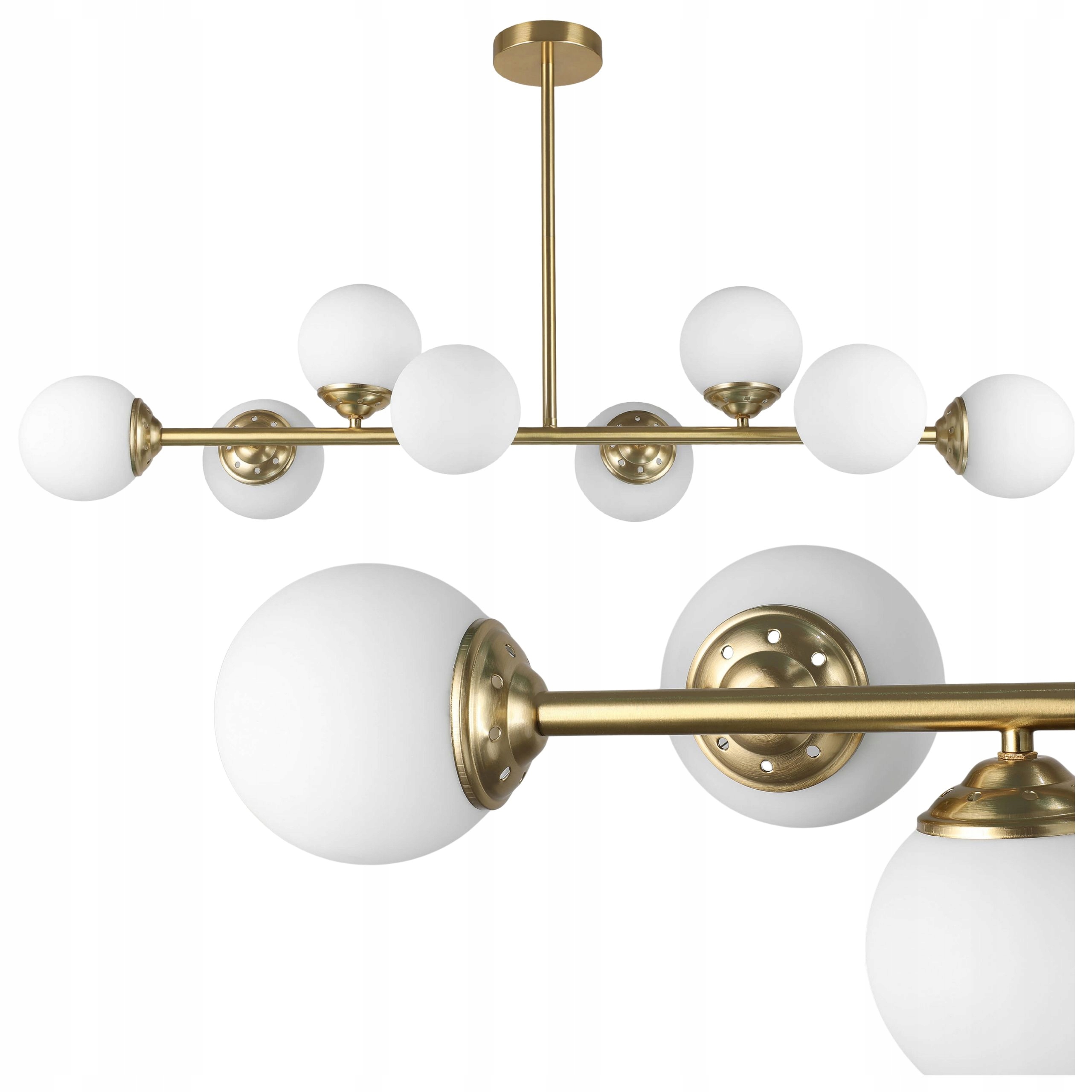 Lampa Sufitowa Żyrandol Złoto Szczotkowane Białe Kule Szklane Duna 8xE27