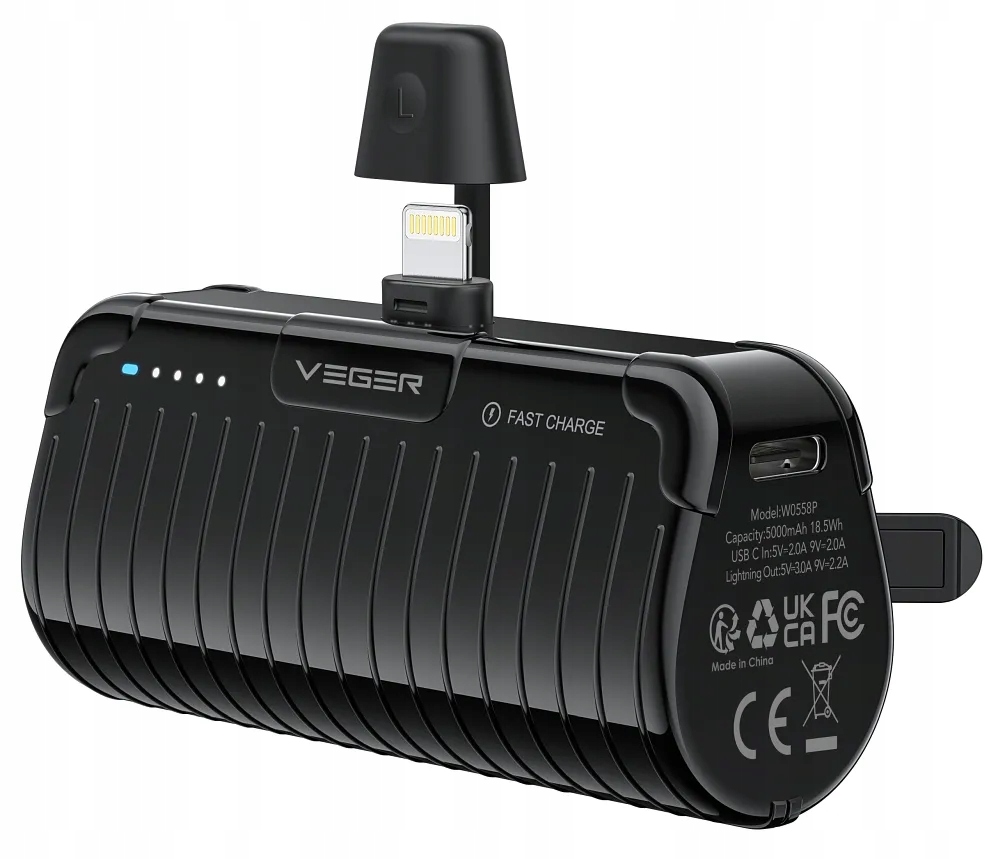 Veger powerbank 5000 mAh z wbudowanym złączem Lightning PlugOn Pd QC3.0 2,4