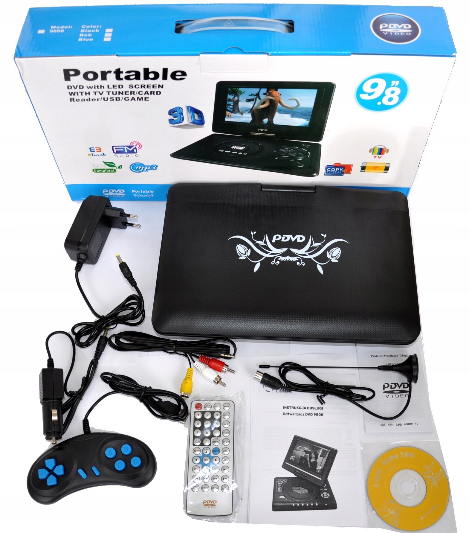 DVD PRZENOŚNE CD d DJ -a USB SD MP3 do KAMPER PODRÓŻ WAKACJE KONSOLA TV GRY Model PLAY PORTABLE DVD GOMEDIA 980 LED EKRAN 9,8 Cali