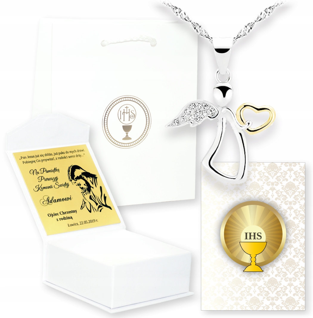 PREZENT na I Komunię Świętą ŁAŃCUSZEK ANIOŁ STRÓŻ Materiał Srebro