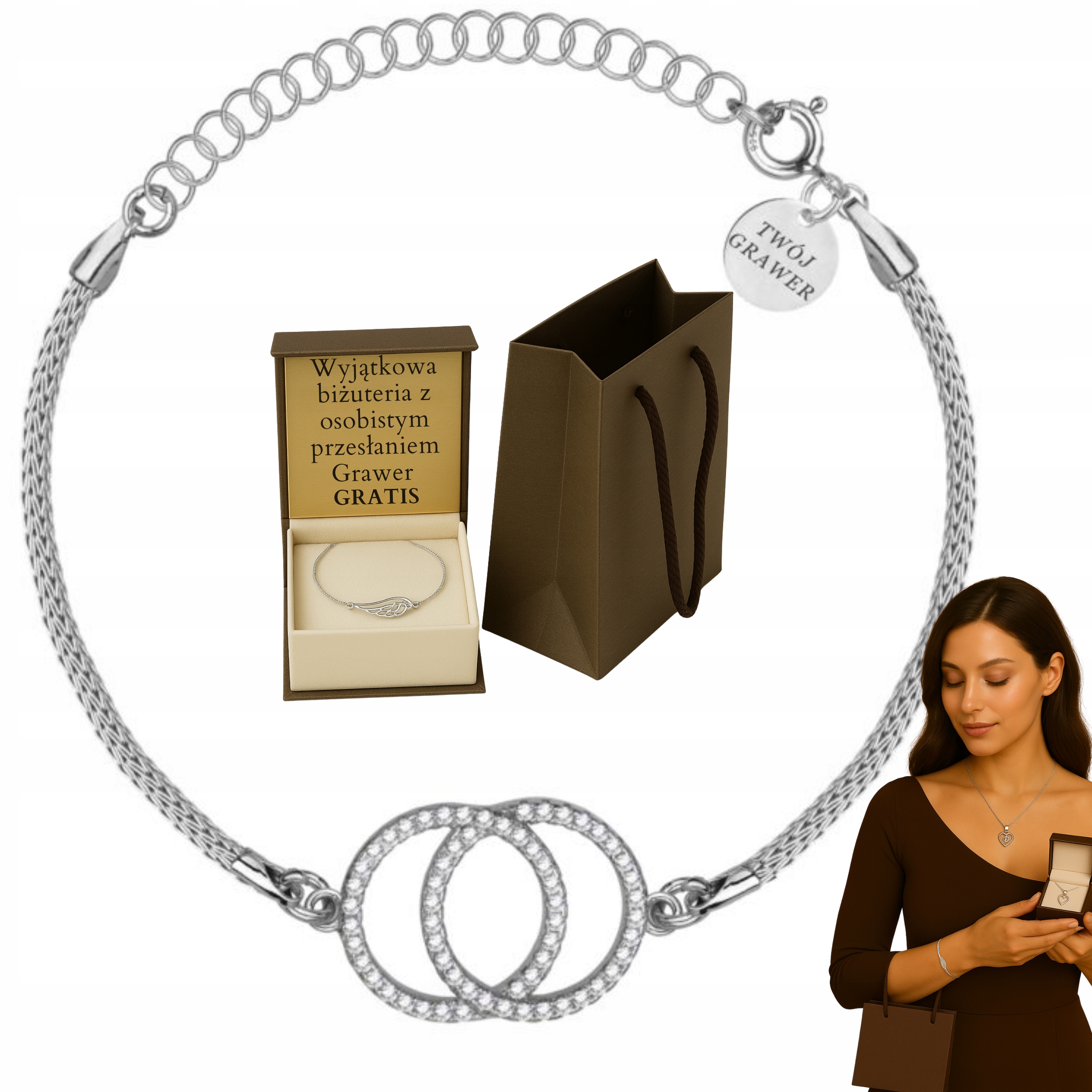 Stříbrný Dámský Náramek Kola Zirkony Ryzost 925 1,5 MM Gravírování Bonus