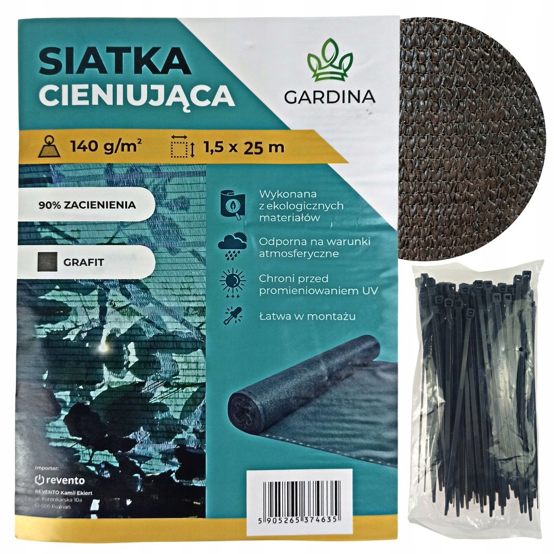 Siatka cieniująca grafit Gardina 1,5x25m + opaski EAN (GTIN) 5905265374611