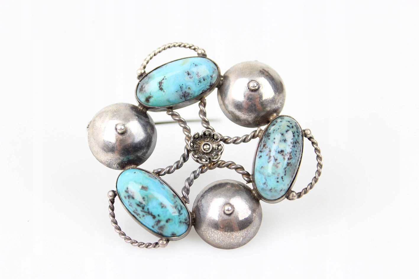 MODERNISTYCZNA BROSZKA Z TURKUSAMI SREBRO