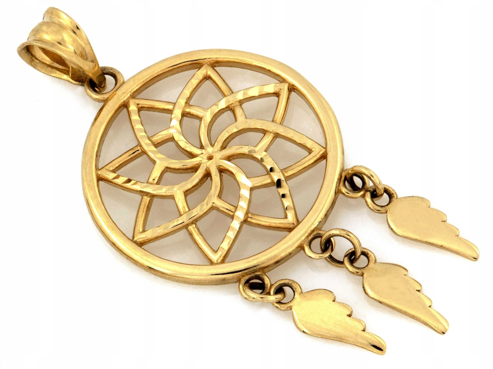 Zlatý přívěsek lapač snů 585, prolamované kolečko se závěsnými peříčky 14kt