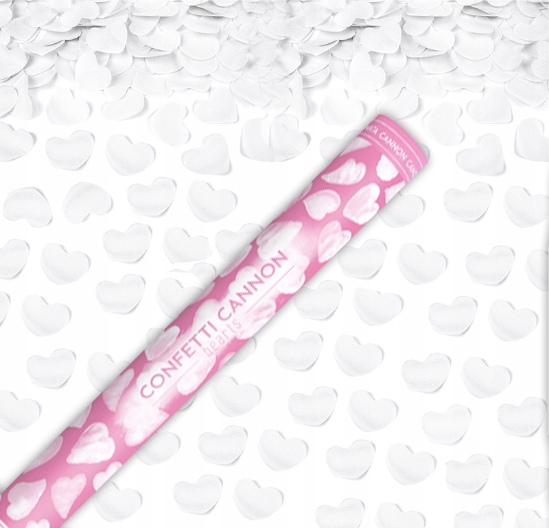 Tuba strzelająca Konfetti białe serca 60 cm Urodziny Ślub Komunia Chrzest